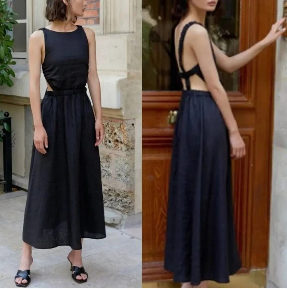 Pixie Market Beatrice Black Linen Open Back Midi Dress Women's XS